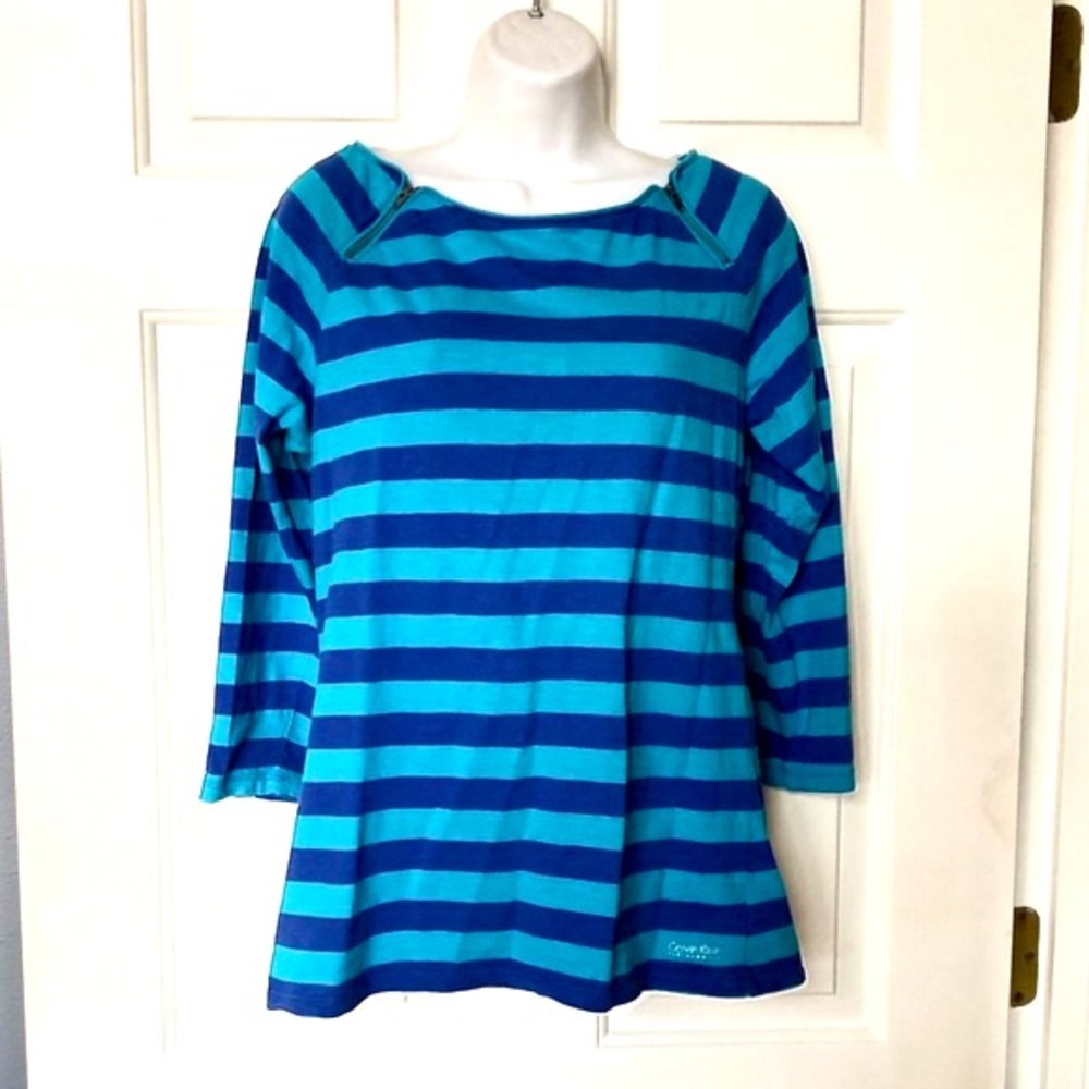 Calvin Klein Blue Striped Performance Quick Dry Scoop Neck Top Size Large